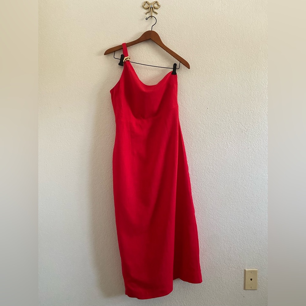 Hyacinth House Red Linen Dominica One Shoulder Midi Dress M Cocktail Attire